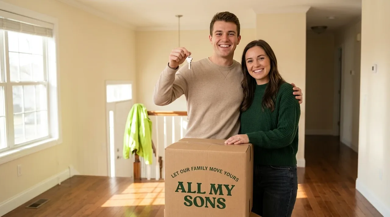 Professional marketing photography of a joyful young couple standing in the sunlit, empty living room of their newly purchase