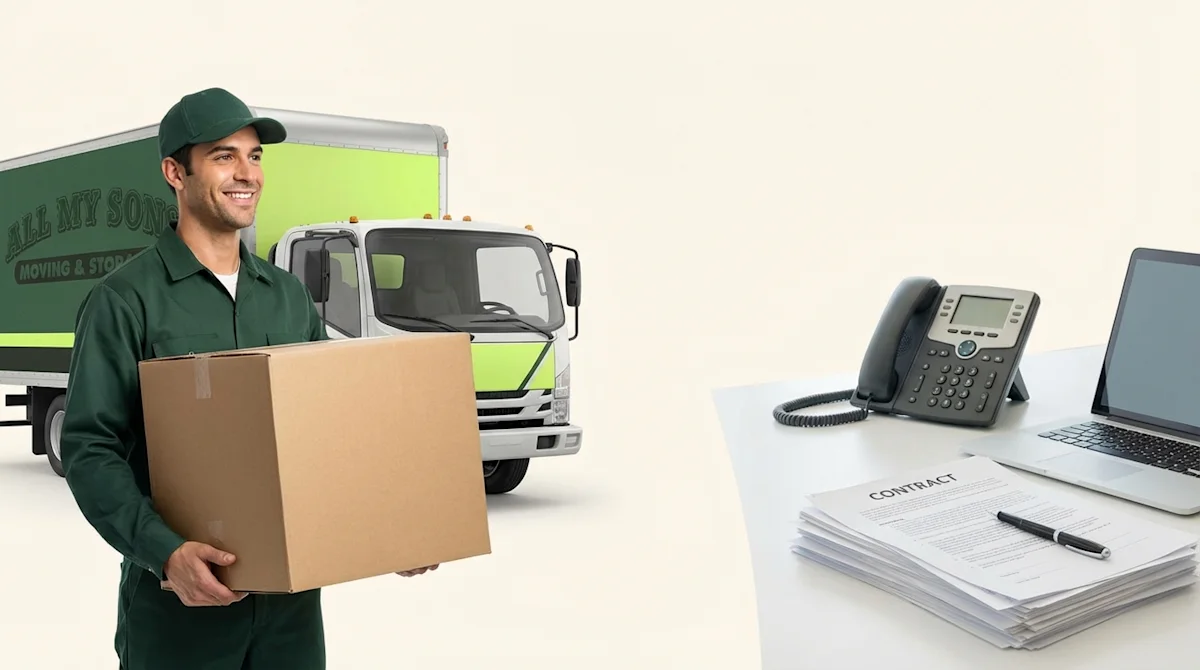 Professional mover with truck versus office desk comparing moving companies and brokers.