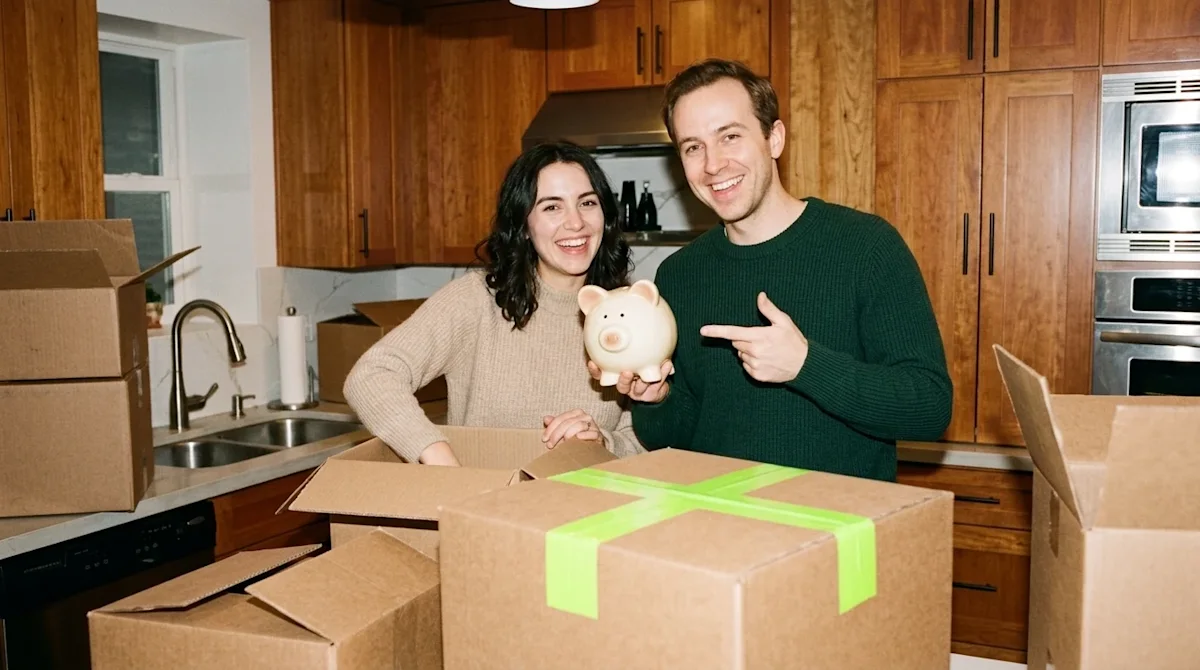 A candid, 35mm analog film photograph of a smiling young couple in their new home kitchen, unpacking after a move. The scene