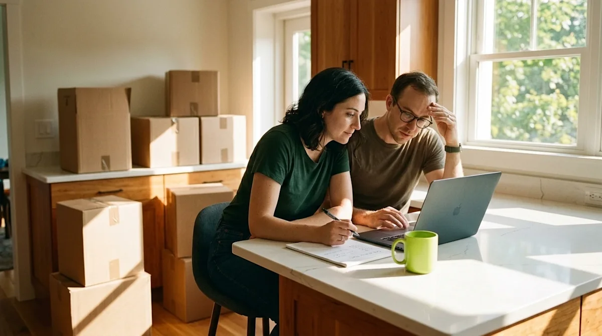 Candid lifestyle photography of a couple sitting at a natural wood kitchen island in a partially packed home, thoughtfully re