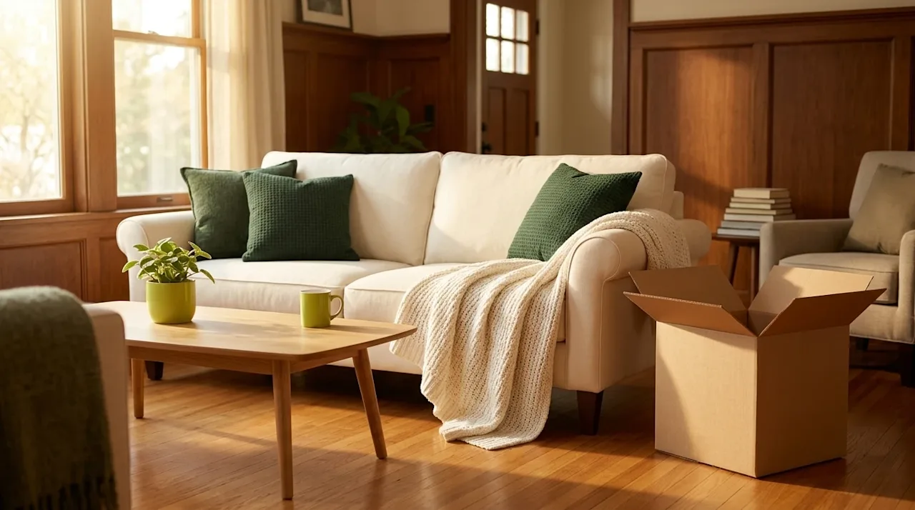 Professional marketing photography of a warm, cozy living room in a newly moved-in home. The room features a welcoming, comfo