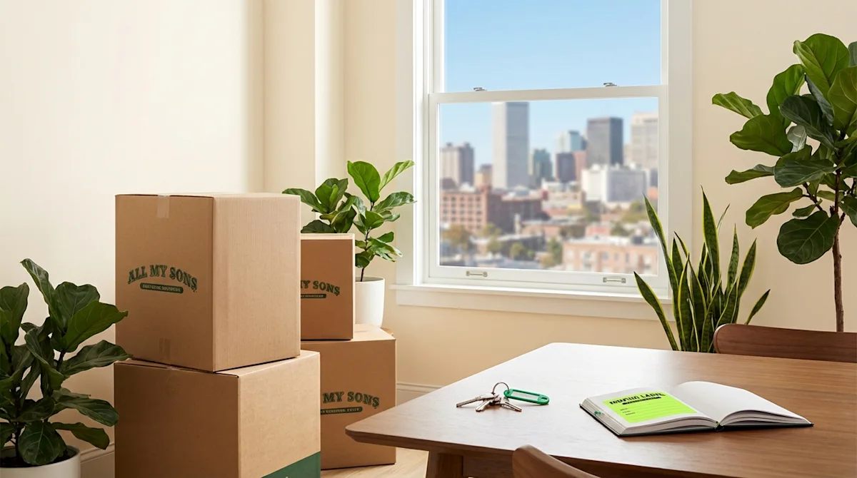 Stacked moving boxes and keys on a table in a bright apartment overlooking a Southern city skyline.