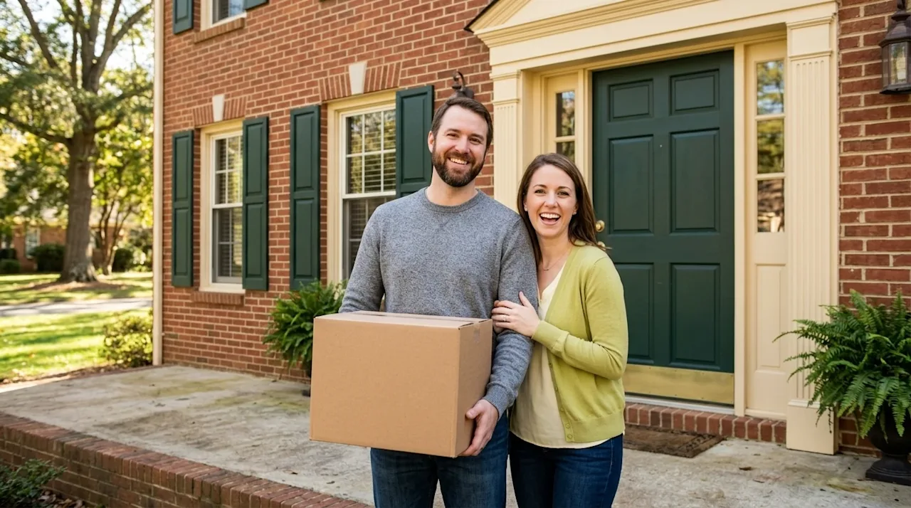 Clear, professional marketing photography of a happy couple standing on the front porch of a classic, traditional brick home