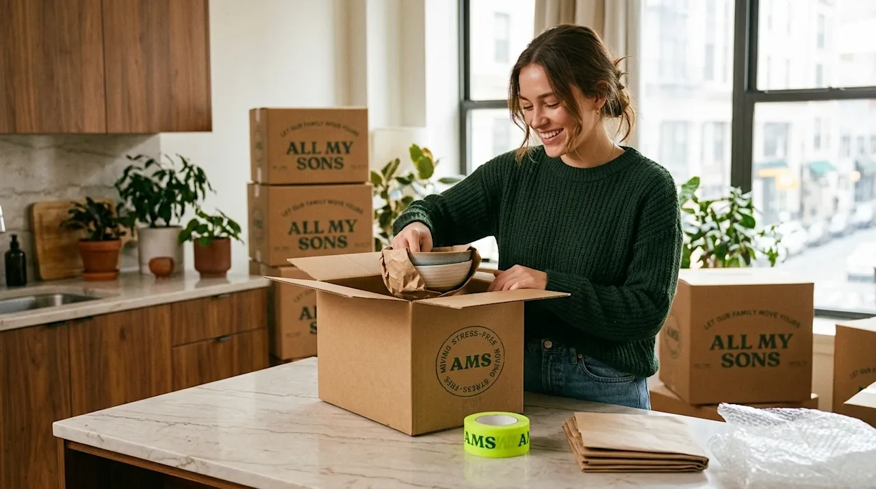 Candid lifestyle photography of a relaxed, happy young adult efficiently packing a modern apartment, embodying a stress-free