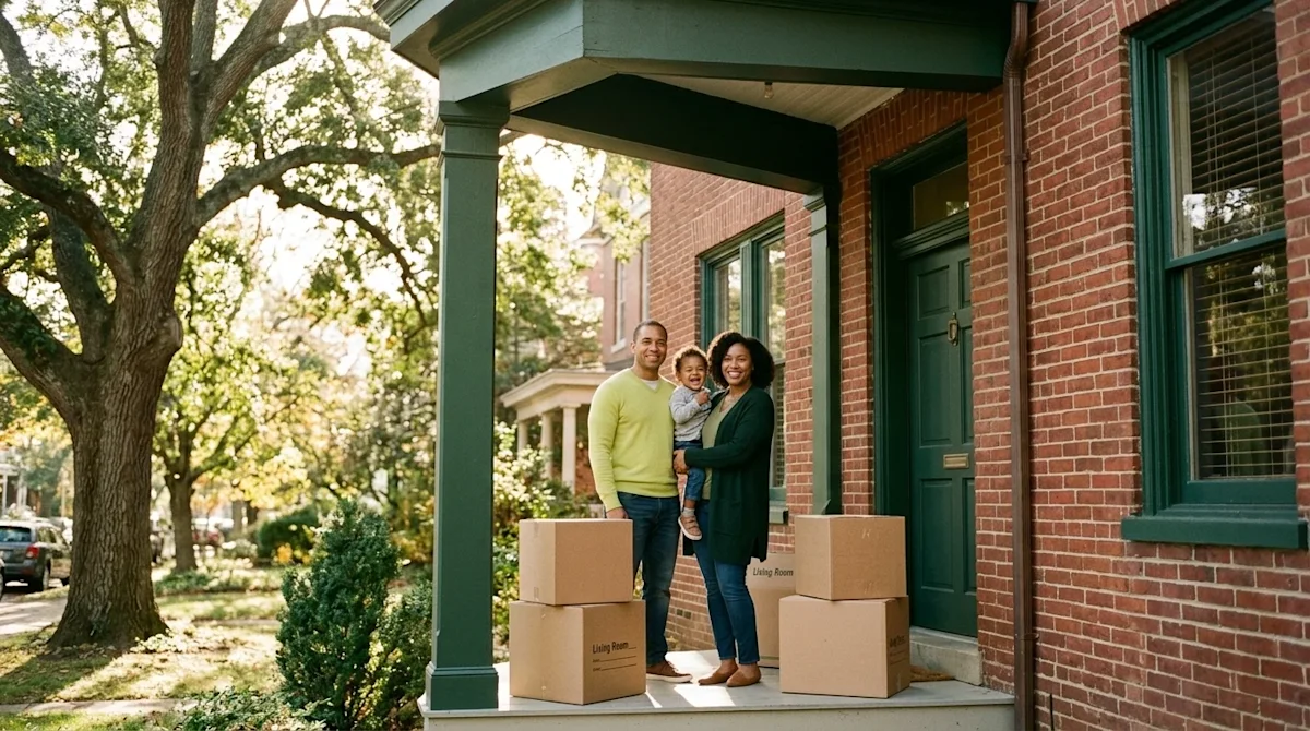 A warm, authentic lifestyle photograph of a happy family standing on the welcoming front porch of a classic, historic brick h