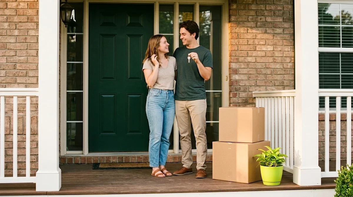 A candid, heartwarming lifestyle photograph of a young couple standing on the welcoming front porch of a beautiful suburban h