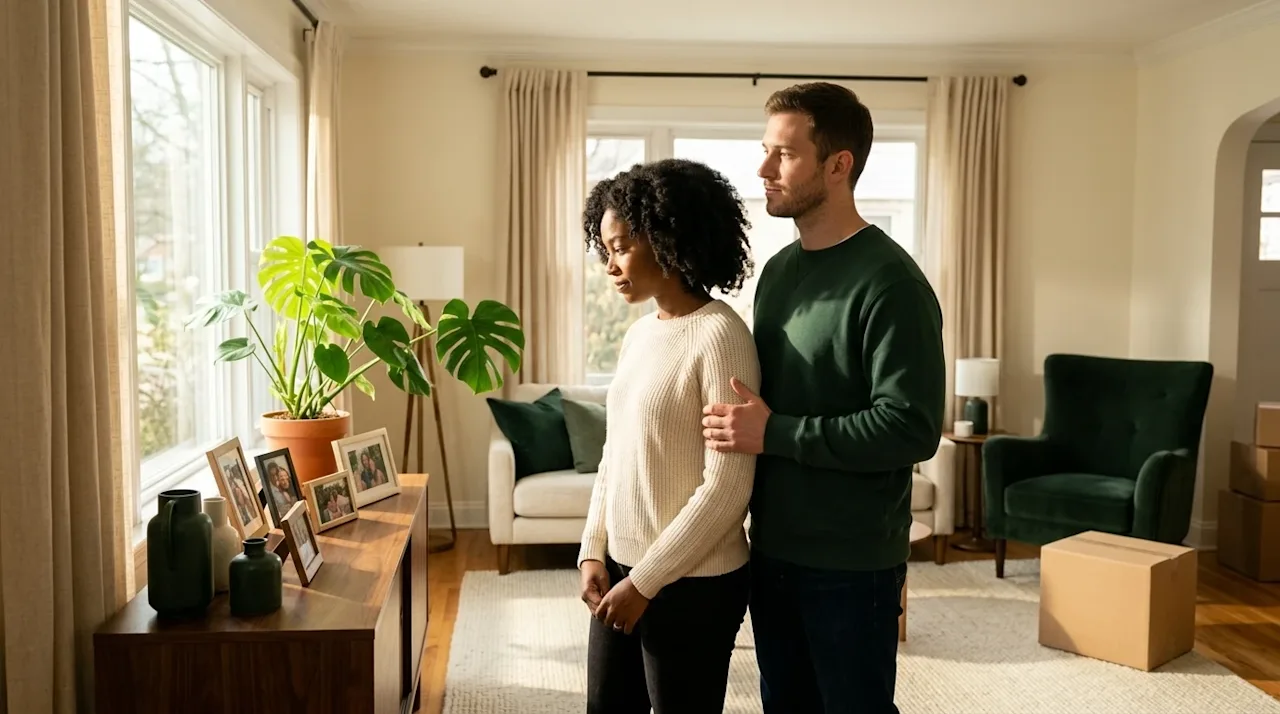 A high-quality, warm lifestyle photograph of a couple thoughtfully looking around their beautifully arranged, sunlit living r