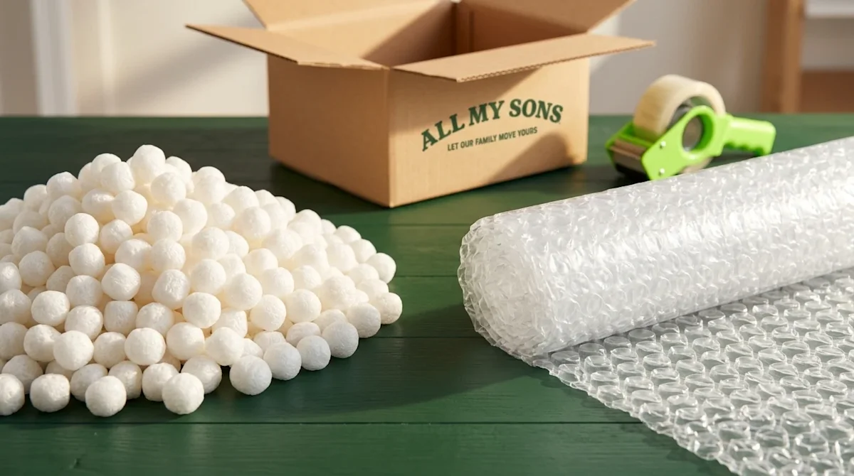 A professional, high-resolution marketing photograph illustrating a comparison between packing peanuts and bubble wrap. The c