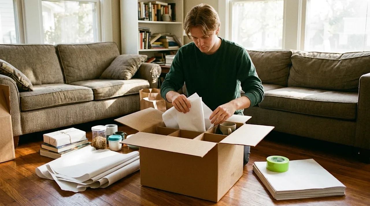 Candid lifestyle 35mm film photography of a person demonstrating a clever packing hack in a cozy, sunlit living room. The per