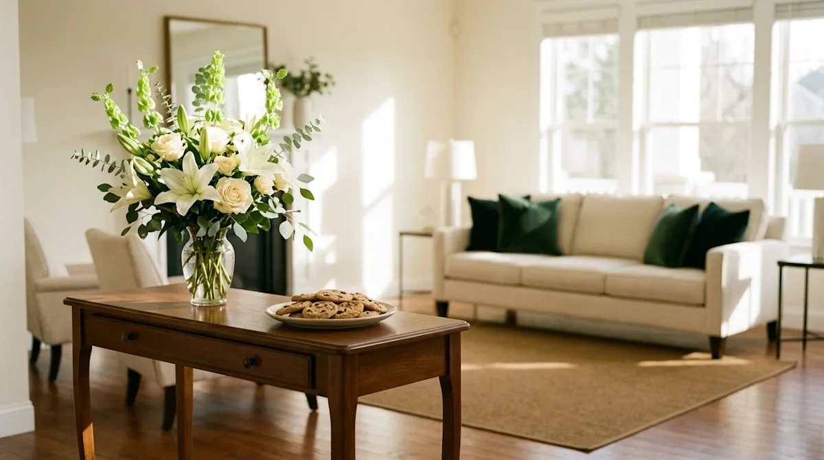 Candid lifestyle photography of a welcoming, beautifully staged home interior prepared for an open house. A sharply focused,