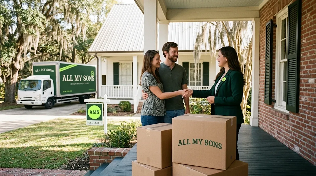 Candid lifestyle photography of a happy couple shaking hands with a welcoming, professional real estate agent on the front po