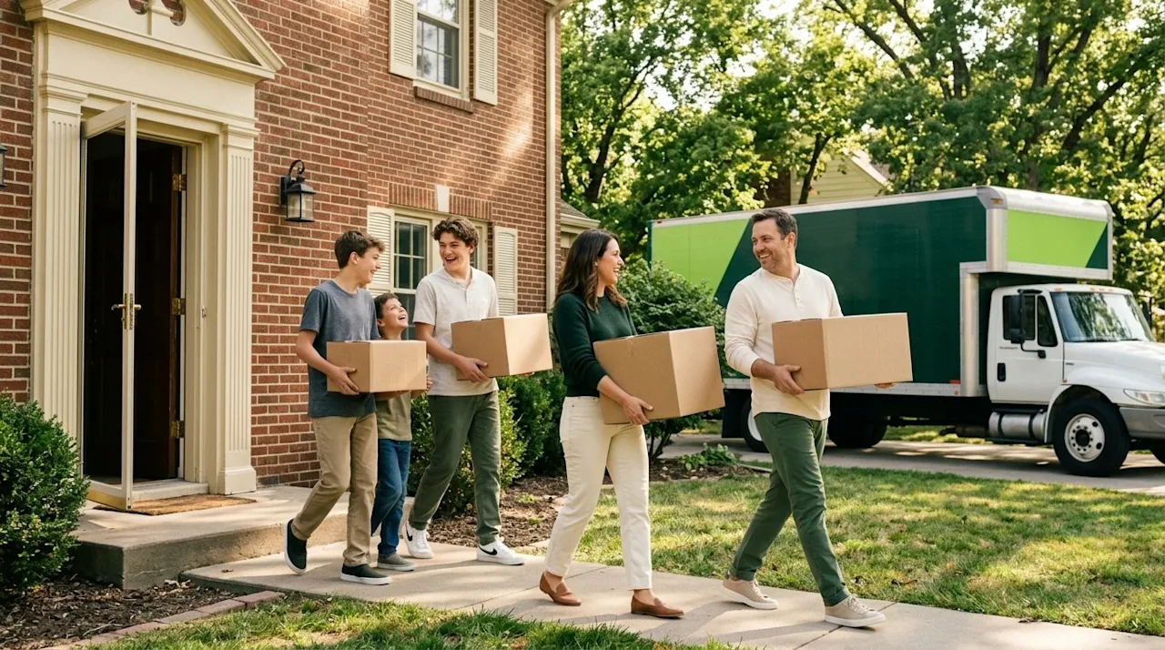 A happy family carrying cardboard boxes into their new brick home with a moving truck parked in the driveway.