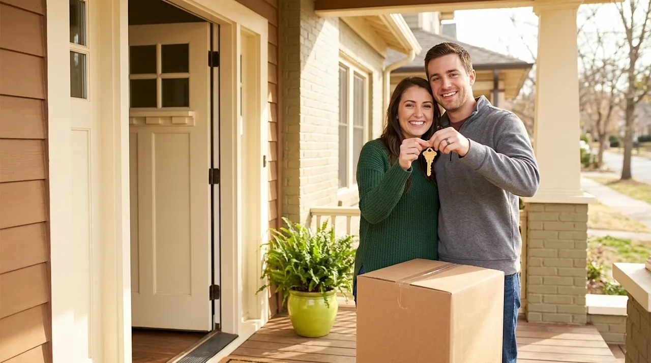 Clear, professional marketing photography of a joyful young couple standing on the front porch of their newly purchased home,