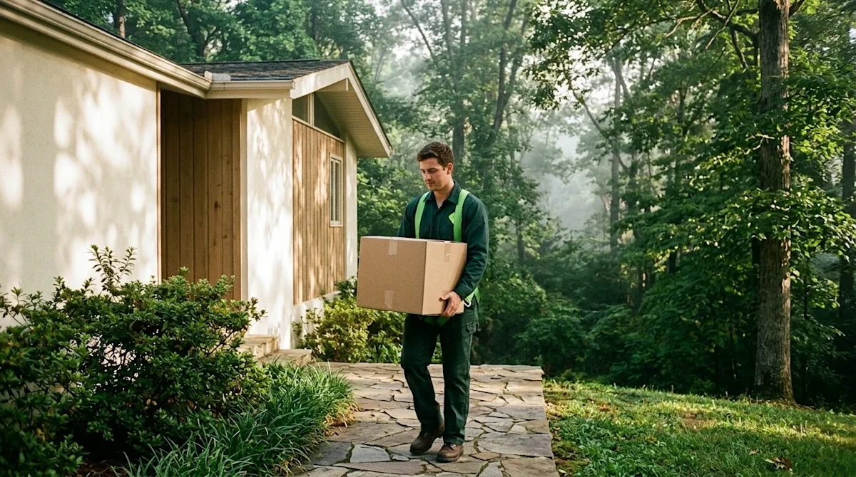 Professional marketing photography, a candid lifestyle shot of a moving day in Oak Ridge, Tennessee. A friendly professional