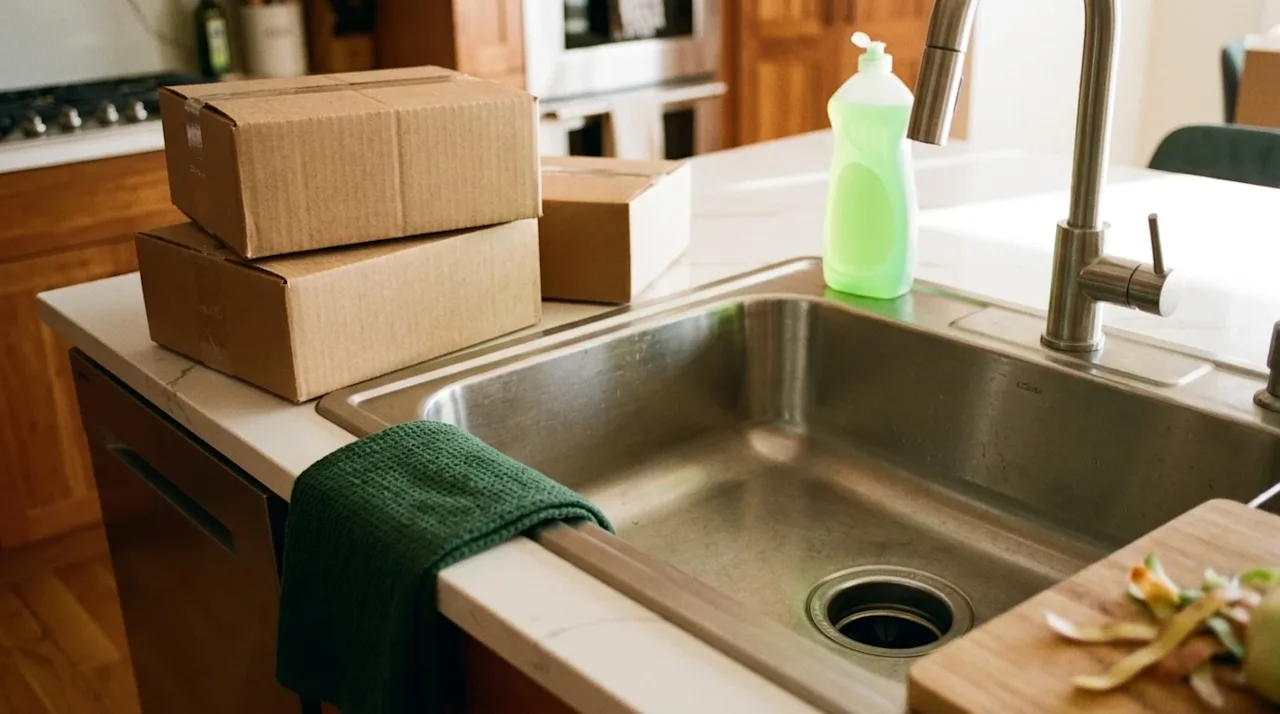 Film photography of a close-up view of a clean stainless steel kitchen sink and garbage disposal drain in a newly moved-in ho