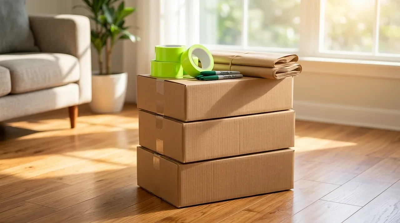 A stack of three cardboard moving boxes with packing tape and markers, symbolizing residential relocation services.