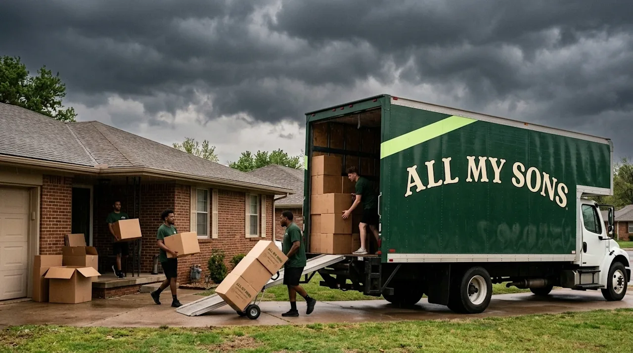 Candid, realistic lifestyle photography shot on 35mm film. A Midwestern suburban home in Tulsa under a dramatic, dark, moody