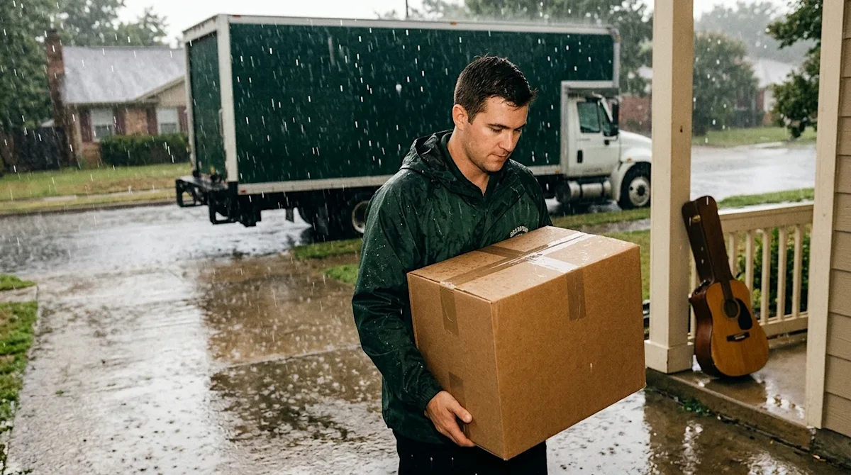 Candid lifestyle photography of a professional mover carefully carrying a securely taped brown cardboard box down a wet drive