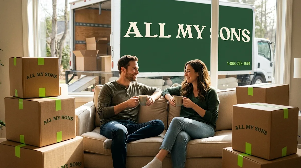 Candid lifestyle photography of a smiling, relaxed couple taking a coffee break in their bright new living room, perfectly ca