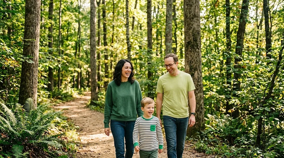 Professional marketing photography of a happy family enjoying a sunny afternoon walk along a scenic nature trail in Oak Ridge