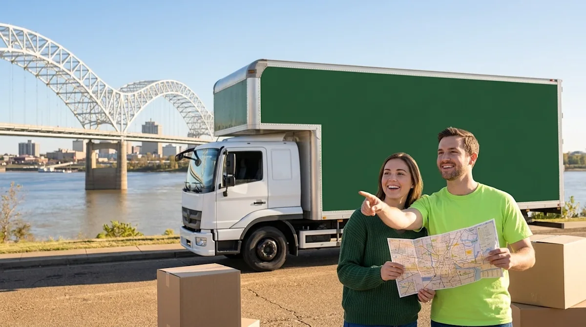 A happy couple holding a map in front of a moving truck with the Memphis Hernando de Soto Bridge in the background.