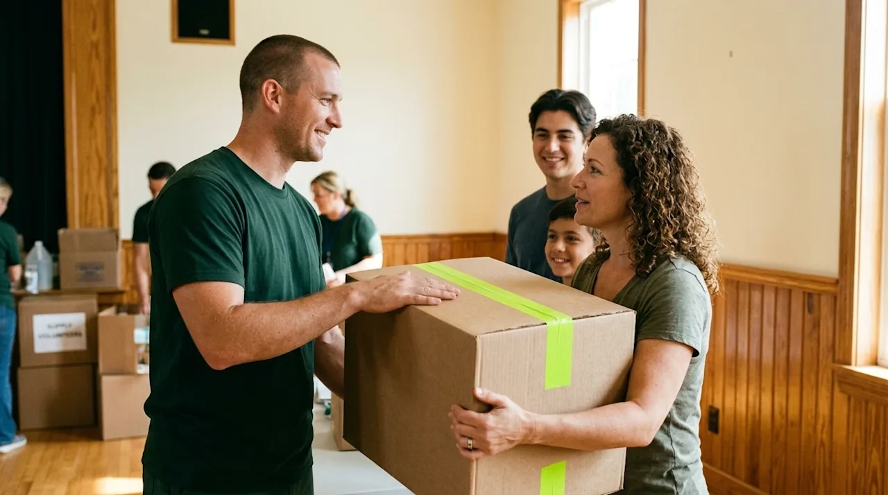 Candid editorial film photography of a compassionate disaster relief effort following a hurricane. A friendly moving professi
