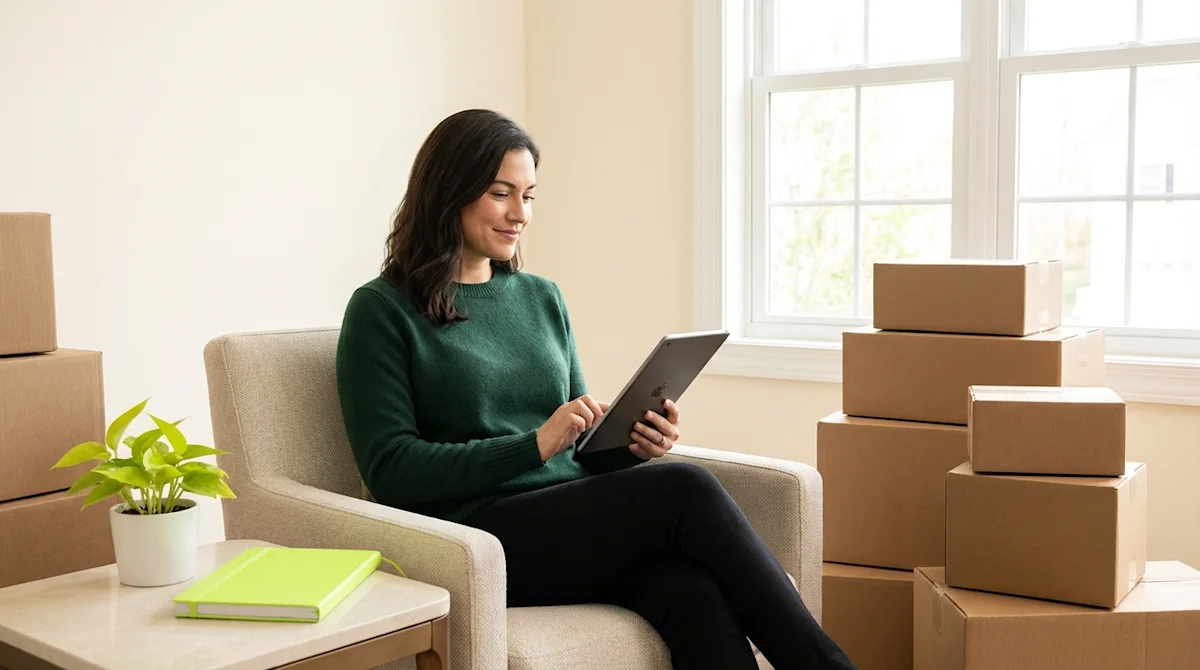 Focused woman researching moving companies on a tablet in a room with packed cardboard boxes and green accents.