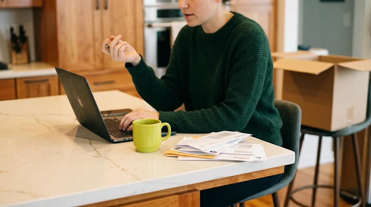 Candid lifestyle photography of a person sitting at a wooden kitchen island focusing on a laptop to update their address. The