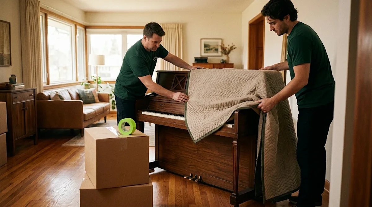 Cinematic lifestyle photography of a beautiful wooden piano being carefully prepared for a move inside a warm, inviting resid
