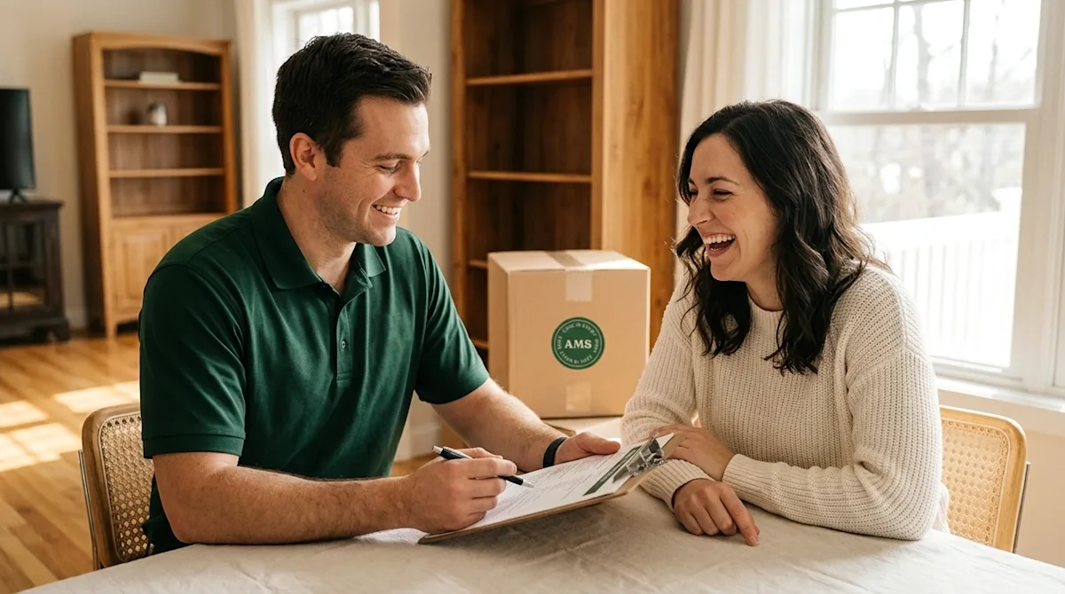 Clear, professional marketing photography. A candid, warm lifestyle shot of a professional mover wearing a deep forest green