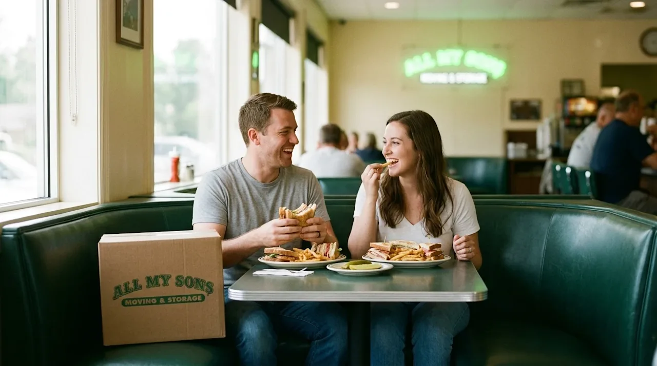 Candid 35mm film photography of a cozy, classic local diner taking on a warm, nostalgic aesthetic. A friendly couple is sitti