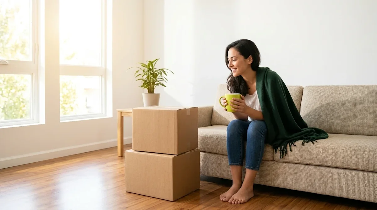 Professional lifestyle marketing photography of a bright, clean, minimalist living room representing a simplified moving proc