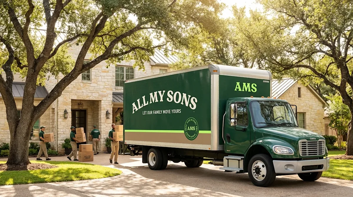 All My Sons moving truck and professional movers at a luxury Texas home driveway with limestone architecture.