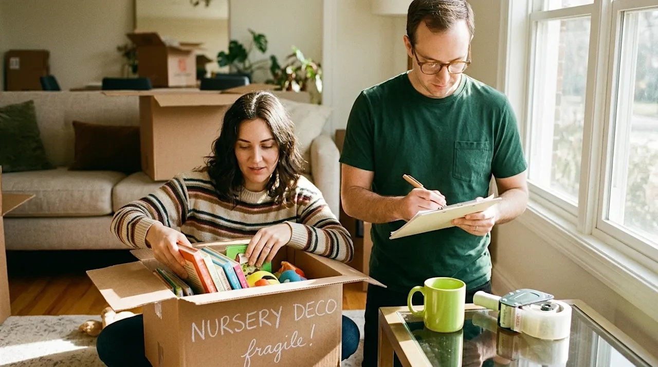 Candid, warm lifestyle photograph of a couple preparing for a move in a brightly lit home living room. The woman is carefully