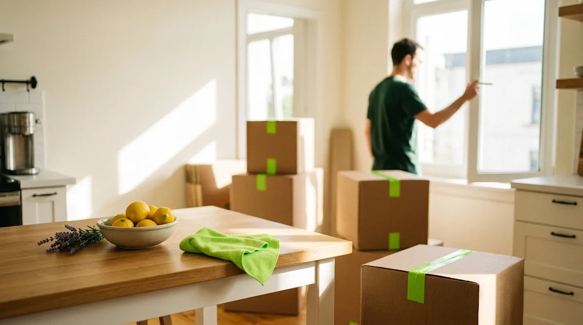 A candid, authentic lifestyle photograph shot on 35mm film depicting a sunlit, airy kitchen or living space during a move. In