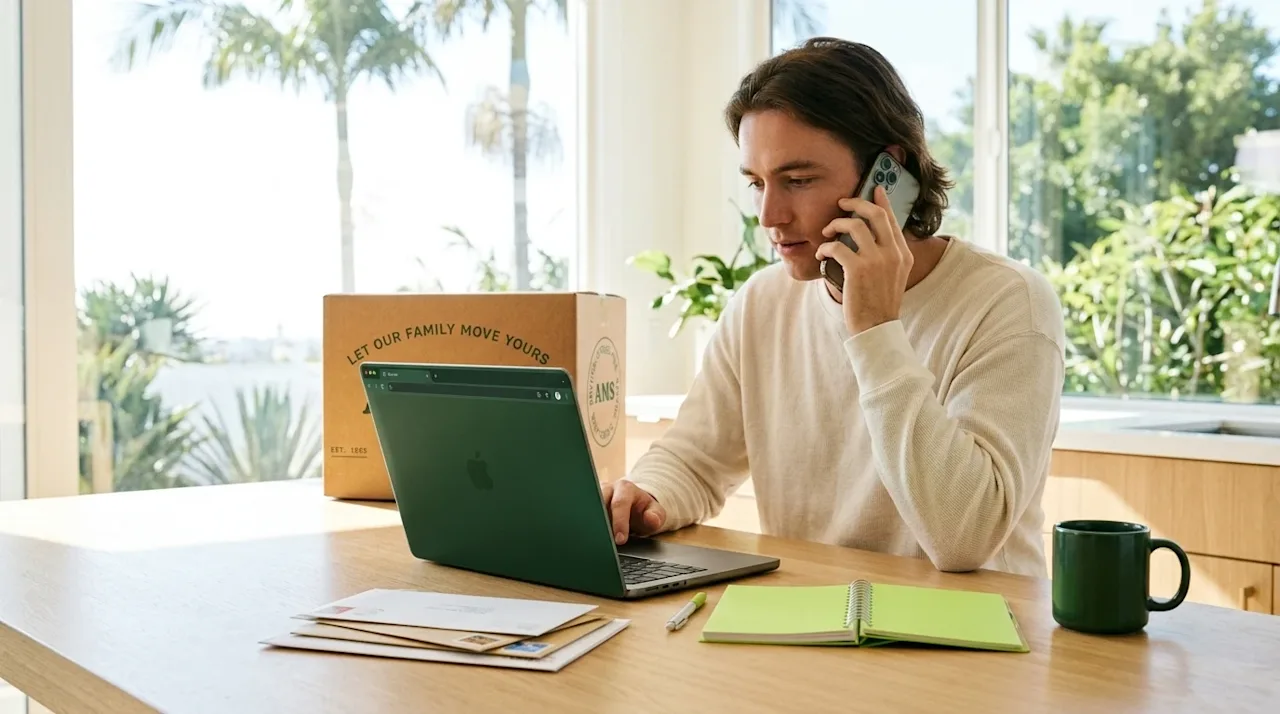 High-quality lifestyle photography. A person sitting at a bright, sunlit modern kitchen table, focused on a laptop and holdin