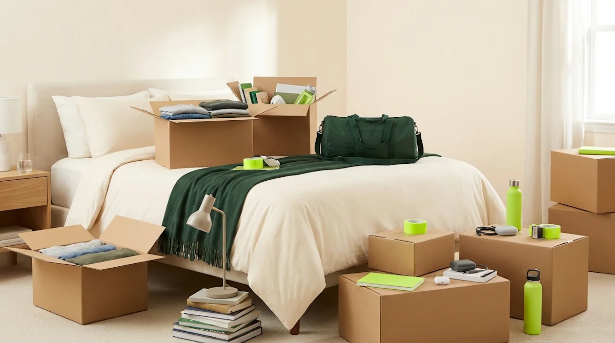 Neatly packed cardboard boxes and dorm supplies in a bright bedroom for a university move.
