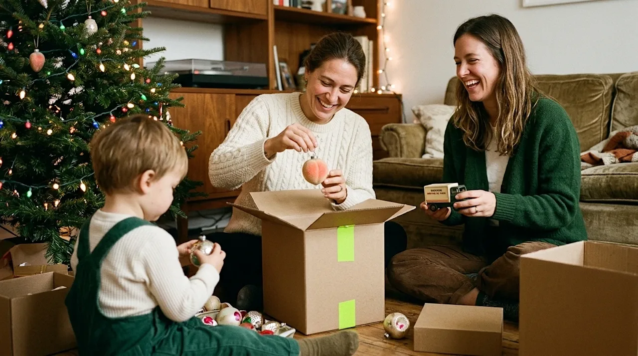 A candid, nostalgic 35mm film photograph of a warm, smiling family unpacking unique Christmas decorations in a cozy living ro