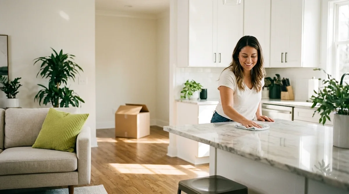 A candid, warm lifestyle photograph of a sparkling clean, sun-drenched living room and kitchen in a modern Atlanta home. A ha