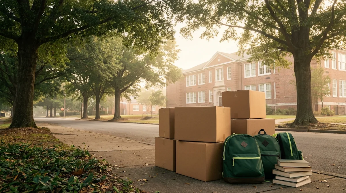 Moving boxes and school backpacks on a tree-lined street in front of a Charlotte public school building.