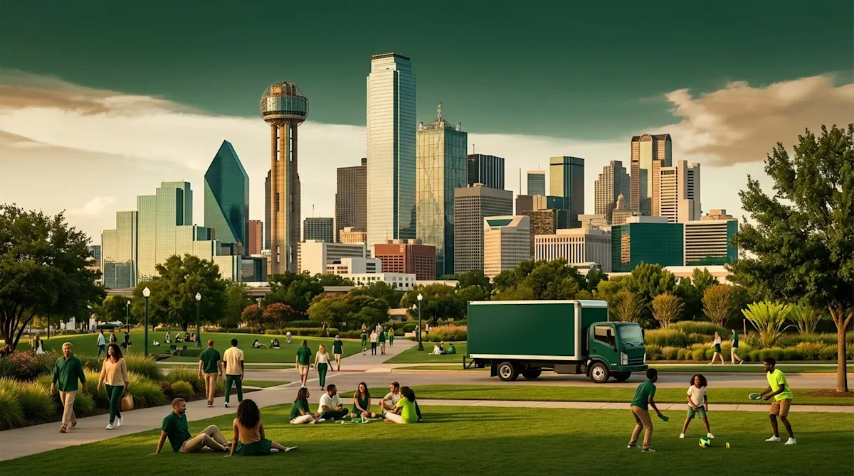Dallas skyline with Reunion Tower and a green moving truck in a vibrant city park with people.