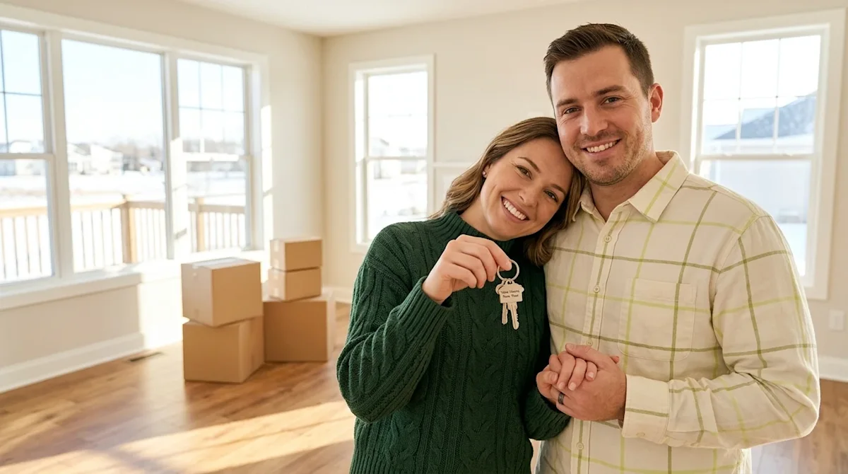 Professional marketing photography of a happy couple celebrating a successful home sale in the New Year. They are standing in