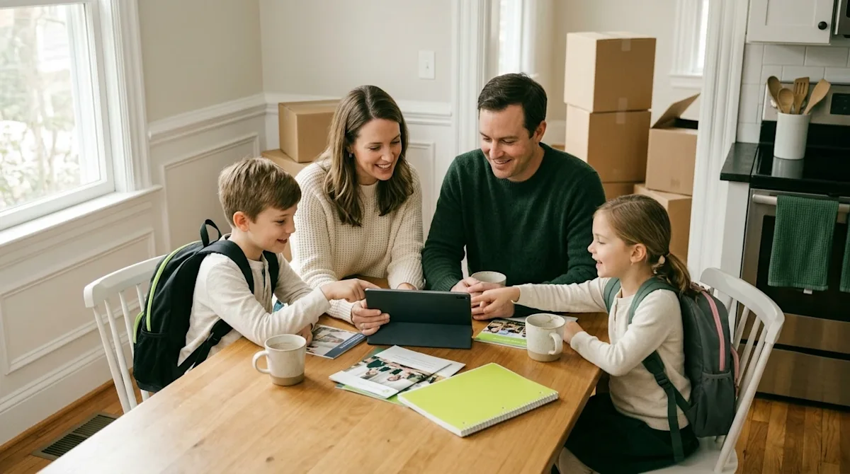A high-quality, authentic lifestyle photograph of a young, happy family taking a break from their move to discuss their child
