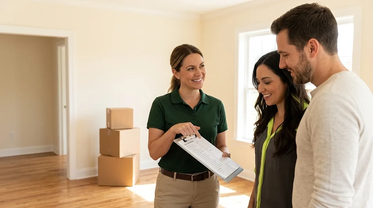 Clear and professional marketing photography of a smiling, expert moving coordinator wearing a dark forest green polo shirt,