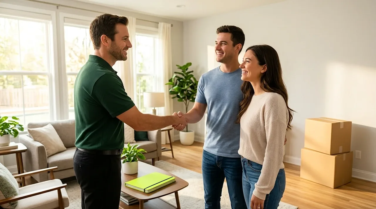 Professional lifestyle marketing photography of a friendly, confident moving consultant wearing a clean, dark forest green polo.