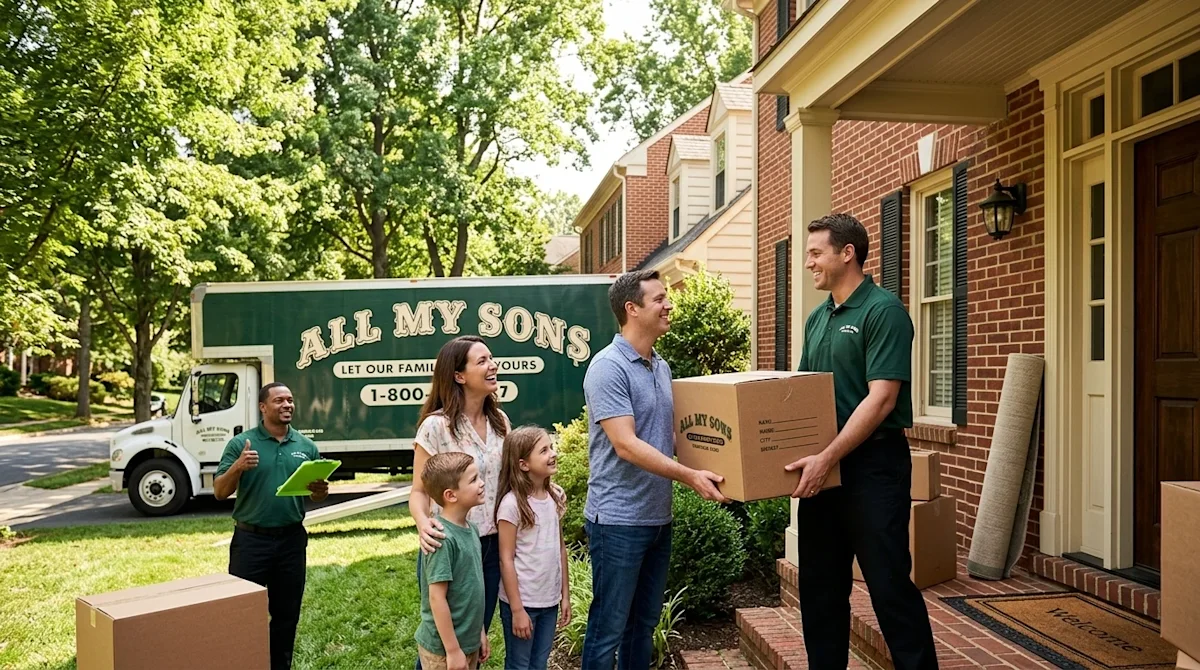High-quality lifestyle photography of a happy family moving into a charming, classic suburban brick home in Rockville, Maryla