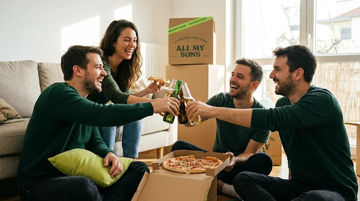 Professional lifestyle marketing photography of a candid, joyful moment showing a group of young adult friends taking a break