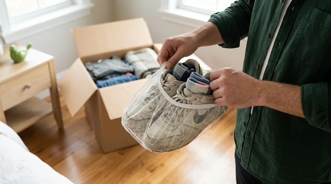 Professional marketing photography of a person packing for a move, demonstrating a clever moving hack. A close-up, slightly h