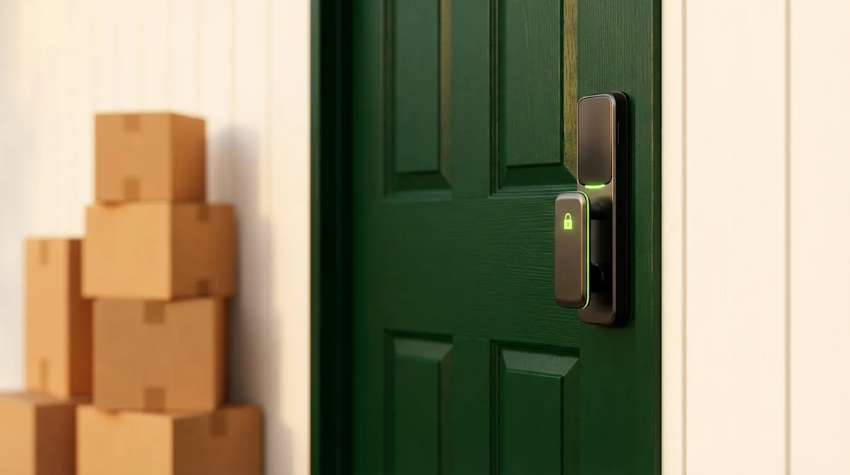 Secure forest green front door with a smart lock and moving boxes in the background.