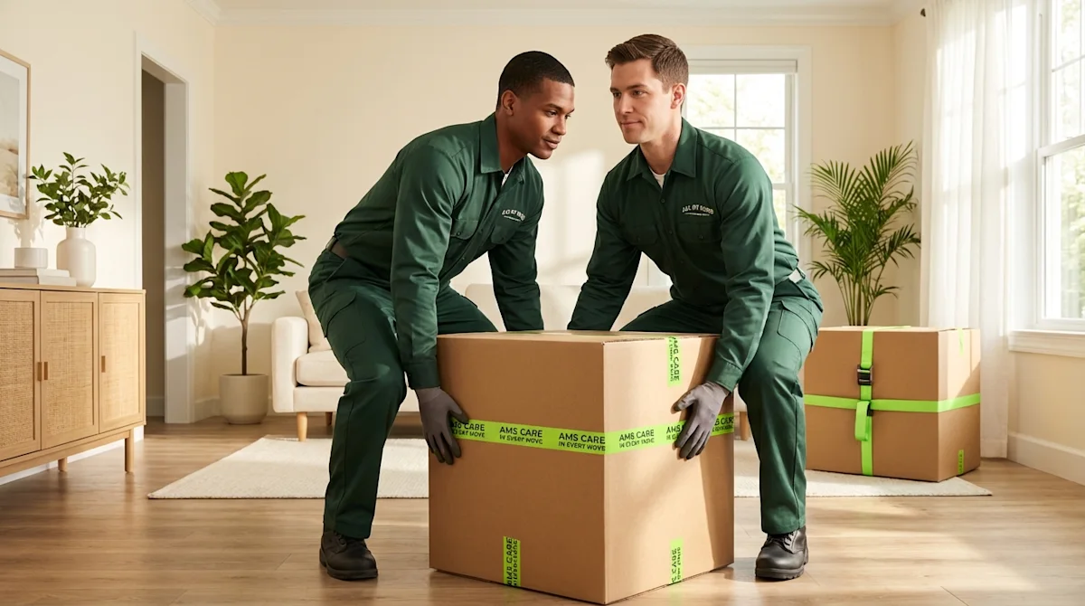Professional movers in green uniforms demonstrating safe ergonomic lifting techniques with a heavy box.